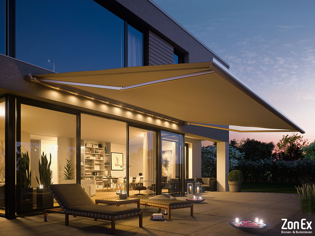 Knikarmscherm zonwering Zonex met Led verlichting in cassette