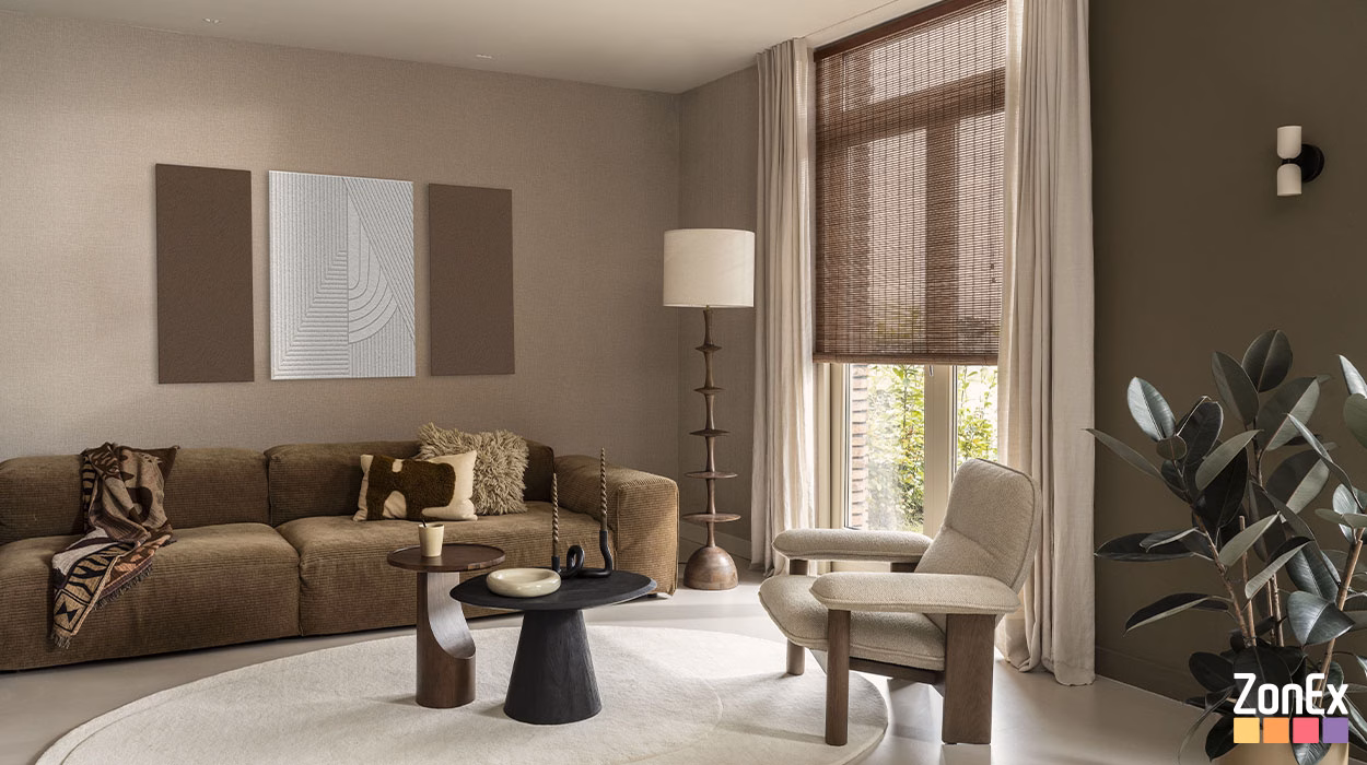 Roll up bamboe rolgordijn geweven hout kleur 807 terra oranje toegepast in ethnic interieur, ZonEx Enschede